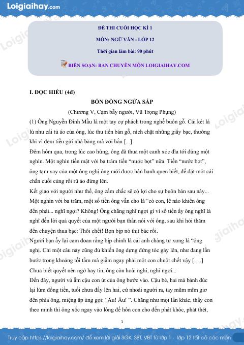 Đề thi học kì 1 Văn 12 Cánh diều - Đề số 2